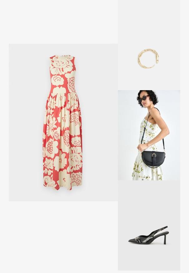 Maxi haljina bez rukava, crvena tkanina s velikim krem cvjetnim uzorcima i skupljenim donjim dijelom koji stvara prozračan i lepršav izgled.; Crna lakirana slingback cipela s izduženim vrhom, remenčićima oko gležnja s srebrnim kopčama i dijelovima, te vitkim potplatom.; Crna kožna torba s lukovitim oblikom, odvojivim remenom i zlatnim detaljima. Torba ima preklop s kopčom.; Prsten u zlatnoj nijansi s organskim, uvijenim dizajnom, glatkom teksturom i suženim krajevima, koji stvara moderan, skulpturalni izgled.
