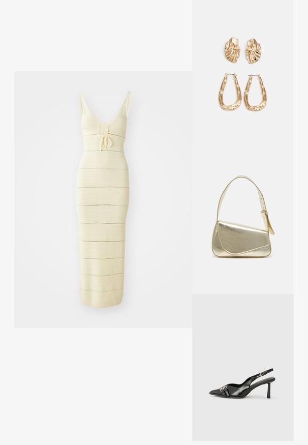 Kötött midi ruha világos krémszínben, testhez simuló fazonban, V-kivágással, állítható derékmegkötővel és vízszintes csíkkal díszítve.; Fekete lakk bőr, hegyes orrú slingback cipő, boka pántokkal, ezüst csatokkal és hardverelemekkel, valamint karcsú sarkú.; Arany fémes kézi táska, strukturált dizájnnal, sima felülettel és állítható pánttal. Egyedi háromszög alakú, minimalistának mondható varrásokkal rendelkezik.; Aranyszínű fülbevalók, texturált, hullámos formákkal. Tartalmazza a szobrászati klipszes studokat és az open hoop kialakítást, kalapácsos felülettel.