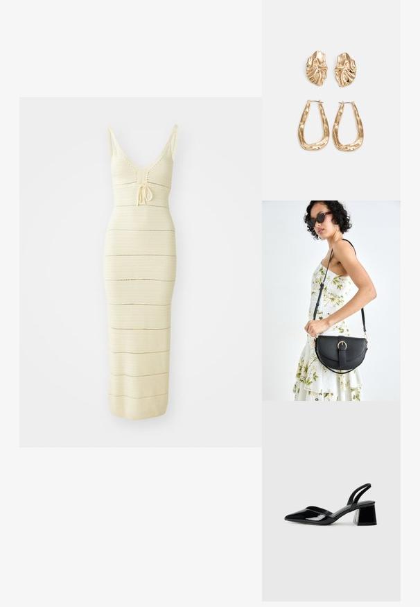 Strikket midikjole i lys krem med en tettsittende design, V-hals, justerbar knytning i midjen, og horisontale stripe detaljer.; Svarte patentlær slingback hæler med spiss tå og geometrisk blokk hæl. Har et stilrent, minimalistisk design og jevn tekstur.; Svart lærveske med en buet form, avtagbar stropp og gullbeslag. Vesken har et klaff med spenne-detall.; Gullfargede øredobber med teksturerte, bølgete former. Inkluderer skulpturelle klipsstuds og åpen hoop-design med en hamret finish.
