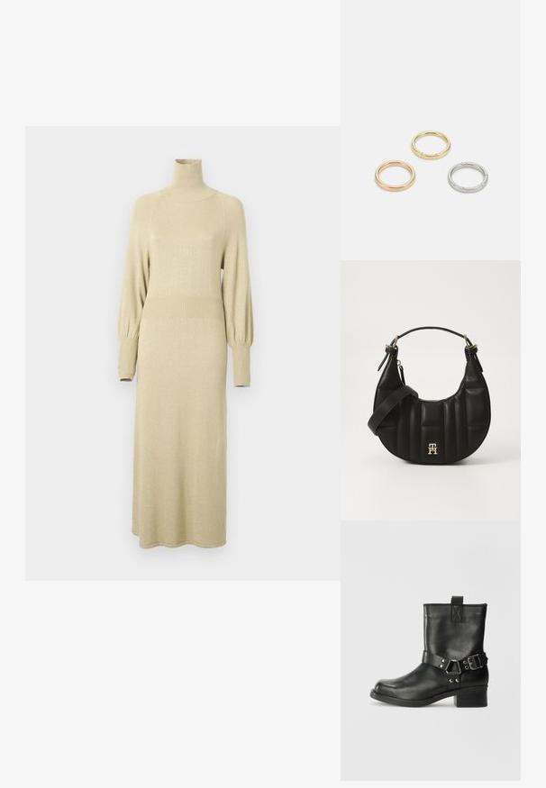 Minkšto kreminio atspalvio megztinis su aukštu kaklu, ilgomis pūstomis rankovėmis ir briaunuotomis detalėmis liemenyje bei rankovėse. Pusiau ilgas dizainas.; Samsøe Samsøe SABRENTA  - Kaubojiški / motociklininko stiliaus aulinukai - black; Juodas odinis rankinukas, su išlenkta forma, siuvinėta tekstūra ir auksiniais akcentais. Pasižymi nuimamu peties diržu ir logotipo detale.; Trys metalinės žiedai: vienas rožinės aukso, vienas auksinis su tekstūruotais akcentais ir vienas sidabrinis, visi su įmintu ženklinimu vidinėje juostoje.