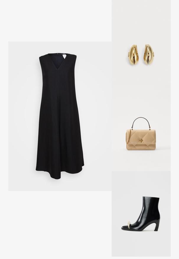 Must musta, ilma varrukat kleit V-kaelusega, laienev A-line kuju, põlvepikkune disain ja varjatud tagasein. Sipelga pehme kanga tekstuur.; Must musta, läikiva nahast, terava varbaga ja dekoratiivse kullast ja hõbedast aktsendiga esiosas. Blokeeritud kontsa disain.; Kvaliteetne beež nahkst kandekott, millel on kuldne riistvara, ketirihm ja ülemine käepide. Omab esipaneeli ja allkirjalogo detaile.; Kuldtooni kõrvarõngad voolava ja kõvera disainiga. Igal kõrvarõngal on sile pind ja väike klamber dekoratiivse detailiga.