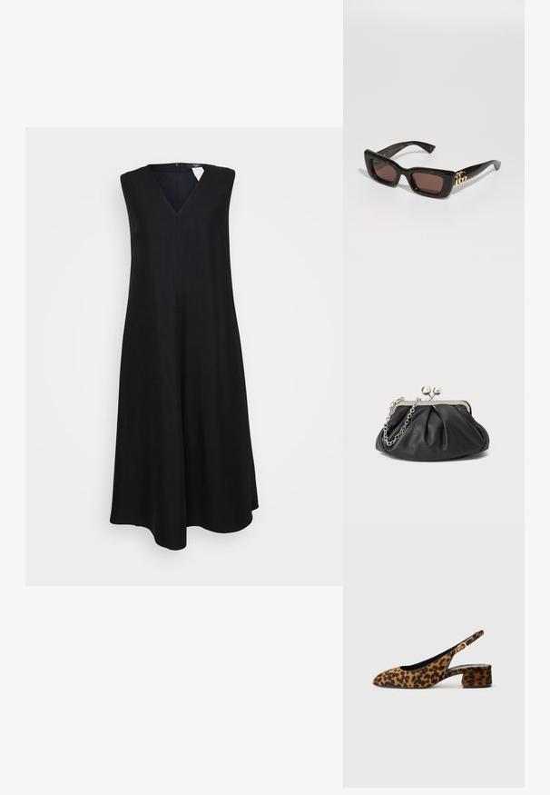 Rochie neagră, fără mâneci, cu decolteu în V, formă evazată în A, design până la genunchi și fermoar ascuns la spate. Textură de stofă netedă.; Pantofii slingback pentru femei, cu imprimeu leopard, toc jos și cataramă aurie pe curea laterală, prezentați în profil lateral pe un fundal simplu.; Ochelari de soare tortoiseshell negri cu lentile dreptunghiulare, nuanță de maron, ramă groasă și detaliu cu logo dublu-G aurie pe temple.; Clutch din piele neagră cu textură plisată, cadru din metal de ton argintiu, închidere tip kiss-lock și curea din lanț. Suprafață netedă și moale.
