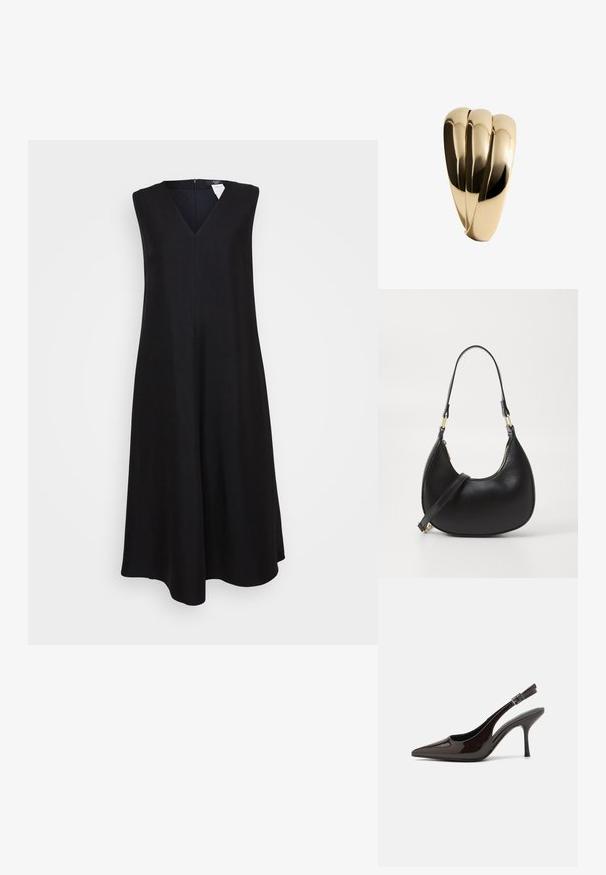 Zwarte, mouwloze jurk met een V-hals, uitlopende A-lijn vorm, knielange ontwerp en een verborgen rits aan de achterkant. Glad stoftextuur.; Slingback hoge hak schoen in glanzend donkerbruin patentleer, puntige neus, open zijkanten en verstelbare enkelband.; Zwarte leren handtas met een gebogen vorm, uitgerust met een bovenste ritsluiting, een kort handvat en een afneembare schouderband. Gouden hardware accenten.; Mango Armband - gold-coloured