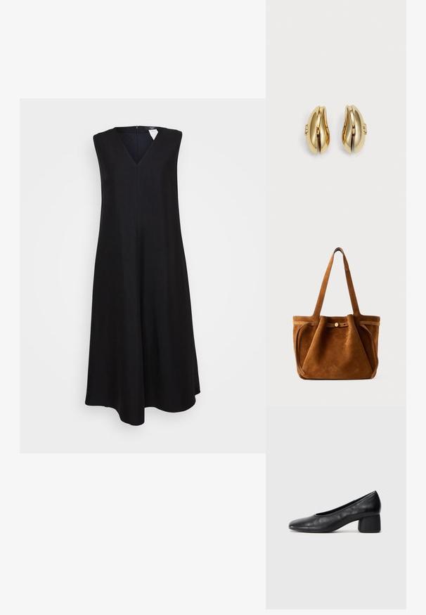Schwarzes, ärmelloses Kleid mit V-Ausschnitt, ausgestellter A-Linie, knielangem Design und verdecktem Reißverschluss hinten. Glatte Stofftextur.; Schwarze Lederpumps mit runder Zehenpartie und mittelhohem Blockabsatz. Glatte Textur mit minimalen Details, ausgestattet mit einem dezenten elastischen Einstieg.; Braune Wildleder-Umhängetasche mit zwei Griffen, einem Knopfverschlussriemen und einer entspannten, leicht schlaffen Form.; Goldfarbene Ohrringe mit fließendem, geschwungenem Design. Jeder Ohrring hat eine glatte Oberfläche und einen kleinen Verschluss mit einem dekorativen Detail.
