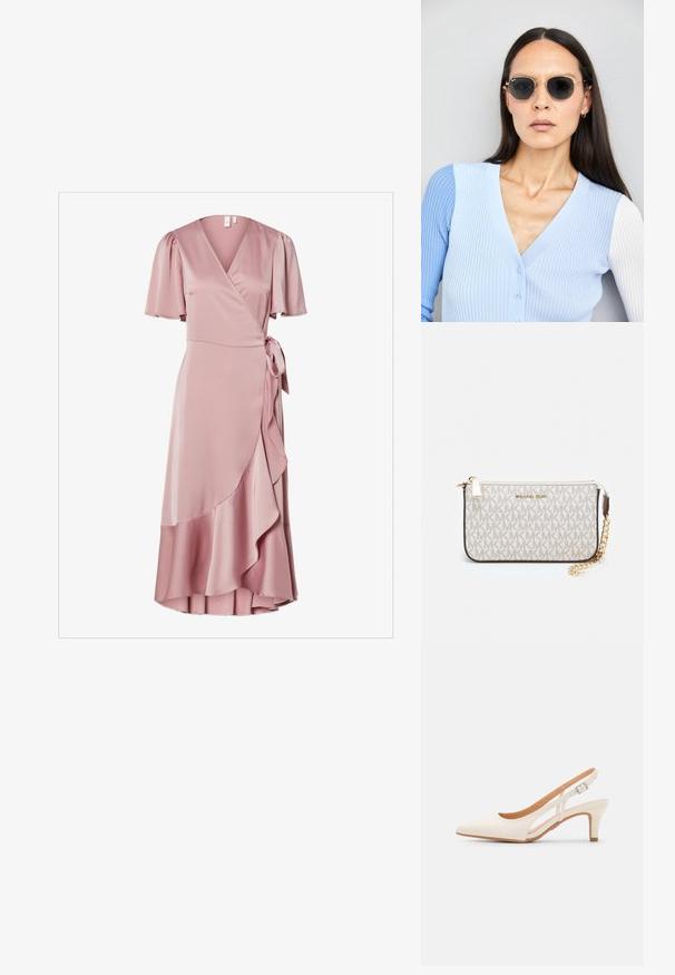 Rózsaszín, puha selyemből készült kötött ruha rövid puffos ujjakkal, derékon megkötő, és fodros szegéllyel a textúra fokozása érdekében.; Fehér slingback sarok, hegyes orral, sima felső anyaggal, alacsony blokk sarkával és oldalsó kivágott dizájnnal, állítható csatpánttal.; Kerek napszemüveg sötét lencsékkel és arany kerettel. A modellen világoskék, bordázott kardigán van gombokkal és kontrasztos fehér ujjaival.; Michael Kors bézs bevonatos vászon karkötő, amely ismétlődő MK logó mintával, aranyszínű fémrészletekkel és levehető lánchordóval rendelkezik.