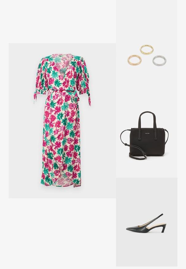 Gėlių maksi suknelė su trumpomis pūstomis rankovėmis, turinti rožinę, žalią ir kreminę raštą. Apima rišamą juosmenį ir V formos iškirptę.; Juodas smailus slingback batelis su žemu kulnu, pagamintas iš lygaus odos paviršiaus ir su išpjovomis šone, užtikrinančiomis oro pralaidumą.; Juoda rankinė su dviem trumpais rankenėlėmis ir nuimamu petį. Lygaus odos tipo medžiaga su užtrauktuku ir logotipo detale.; Trys metalinės žiedai: vienas rožinės aukso, vienas auksinis su tekstūruotais akcentais ir vienas sidabrinis, visi su įmintu ženklinimu vidinėje juostoje.