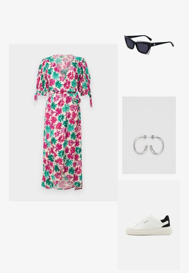 Kukka-aiheinen maksimekko, jossa on lyhyet puffihihat, sisältäen vaaleanpunaisia, vihreitä ja kermaisia kuvioita. Mekossa on solmittava vyötärö ja V-muotoinen kaula-aukko.; Valkoiset nahkakengät paksulla valkoisella pohjalla, mustalla mokkanahkaosuudella kannassa ja kohokuvioitu logo sivulla. Nauhakeskitys kuudella reiällä.; Mustat ylisuuret aurinkolasit, joissa on geometrinen muoto, tummat linssit ja kehykseen erottuva harmaa yksityiskohta. Logo varressa.; Hopeiset korvarenkaat, joissa on sileä ja kiiltävä pinta, kaareva muoto ja piikkikiinnitys. Minimalistinen muotoilu modernilla viimeistelyllä.