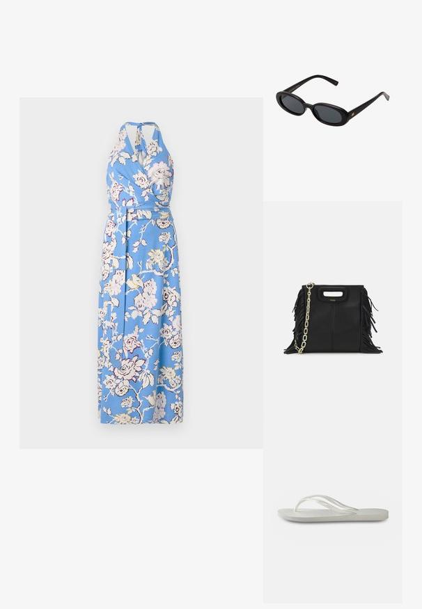 Modra cvetna obleka z ovitkom z halter ovratnikom, pasom in dolgim, zračnim dizajnom s velikimi rožnatimi in kremnimi vrtnicami na gladkem materialu.; Bela natikača s teksturirano podplatom, koja ima tanke trakice i ravni dizajn. Napravljena od gume s suptilnim logotipom na ulošku.; Črne oversize sončne očala z ovalnimi lečami, gladkim plastičnim okvirjem in zlatenimi detajli na templjih. Temne leče zagotavljajo zaščito pred soncem.; Črna usnjena ročna torba z detajli fringa, zlatim verigo za rame in izrezanim ročajem. Na sprednji strani je nameščen logotip.