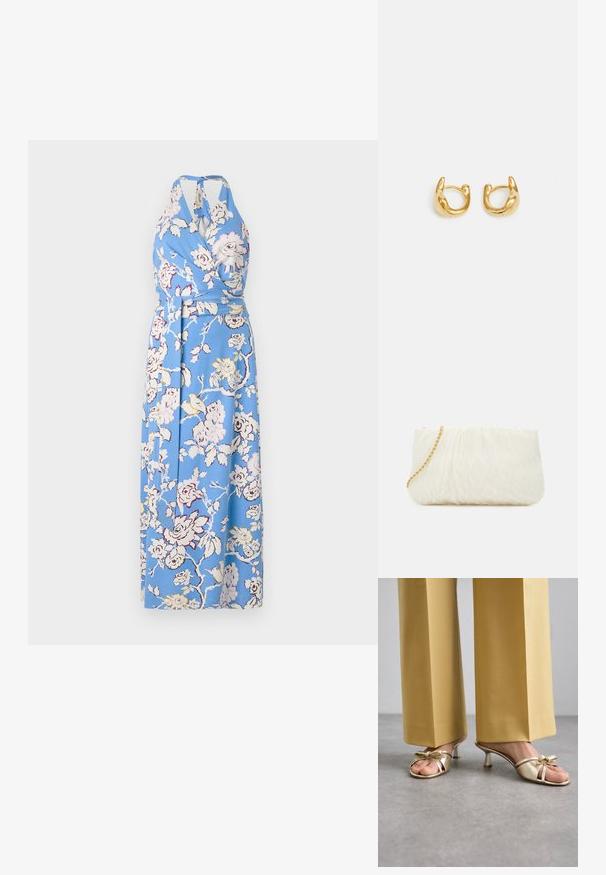 Rochie înflorată bleu, cu gât halter, cordon în talie și un design lung și fluid, decorată cu trandafiri mari în nuanțe de roz și crem pe un material neted.; Stuart Weitzman FELICITY BOW SLIDE - Papuci înalți - platino; Geantă de mână albă texturată, cu un design strâns, având o curea de lanț aurie. Finisaj neted cu valuri subtile și margini rotunjite.; Cercei din aur cu un design neted și rotunjit, având un finisaj lustruit. Cerceii au o formă compactă și chunky și un închizător fără sudură.