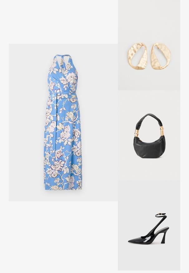 Rochie înflorată bleu, cu gât halter, cordon în talie și un design lung și fluid, decorată cu trandafiri mari în nuanțe de roz și crem pe un material neted.; Sandale cu toc înalt din piele patent neagră, cu vârf ascuțit, curea ajustabilă la gleznă și toc mediu pătrat. Textură netedă cu un finisaj lucios.; Geantă de mână din piele neagră, cu o formă rotundă, textură moale și un mâner legat, având accente din metal auriu. Închidere cu fermoar.; O pereche de cercei din metal de culoare aurie, cu formă ovală neregulată, având o suprafață texturată, ușor ciocănită, pe un fundal alb.
