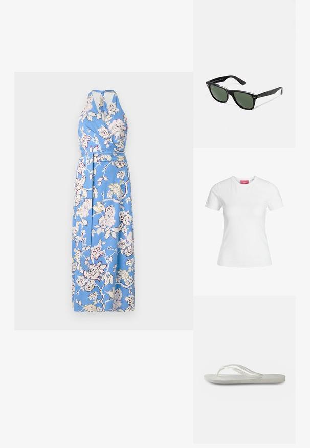 Plava cvjetna haljina s umotanim krojem koja ima halter vrat, pojas na struku i dugačak lepršavi dizajn s velikim ružičastim i kremastim ružama na glatkoj tkanini.; Bijela pamučna majica s kratkim rukavima i okruglim izrezom. Ima ružičastu oznaku na unutarnjoj strani ovratnika. Glatka tekstura.; Bijele japanke s teksturiranom podlogom, s tankim trakama i ravnim dizajnom. Izrađene od gume s suptilnim logotipom na unutrašnjosti.; Crne plastične sunčane naočale s zelenim staklima, kvadratni okviri, srebrni naglasak na obrvi i teksturirane ručke. Naziv brenda naveden na unutrašnjoj strani ručke.; Crna kožna torba s resicama, zlatnim lančićem za rame i rukohvatom u obliku izreza. Sadrži logo na prednjoj strani.