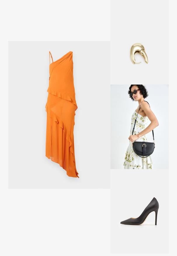 Oranžinė asimetriška suknelė su elegantišku drapiruotu dizainu, turinti raukšlėtą akcentą ir plonas reguliuojamas petnešas. Sklandi tekstūra, lengvas audinys.; Juodas odinis aukštakulnis batelis su smailiu pirštu ir lygiu paviršiumi, su lieknu kulnu ir minimalistiniu dizainu.; Juodas odinis krepšys su išlenkta forma, nuimamu dirželiu ir auksiniais detalėmis. Krepšys turi kilpą su sagtimi.; Aukso tono metalinės auskarai su stilingu, kreiviu dizainu. Išsiskiria ryškiu smailiu pavidalu, poliruota paviršiumi ir užsegimu su vyriu.