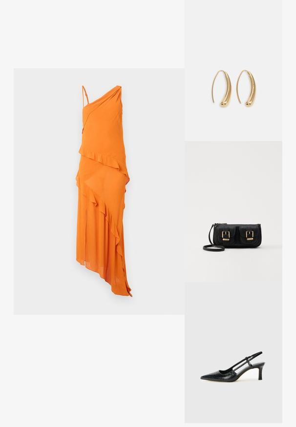 Oranssi epäsymmetrinen mekko, jossa on elegantti rosettimuotoilu, ripsureunuskoriste ja ohuet säädettävät hihnat. Sileä pinta, kevyt kangas.; Musta patent slingback-kiilakorko teräväkärkisellä muotoilulla, jossa on teksturoitu käärmeennahkakuosi, säädettävä remmi ja lyhyt, teksturoitu blokkiheel.; Musta nahkainen olkalaukku, jossa on kaksi etutaskua, kultaiset soljet, vetoketjukiinnitys ja kapea hihna. Teksturoidun pinnan ja kompaktin suorakaiteen muoto.; Korvakorut kultasävytteistä metallista, joissa on kaareva, pitkänomainen muoto. Ominaisuuksiin kuuluu sileä, kiiltävä pinta ja pyöreä kärki lisäyksinä.