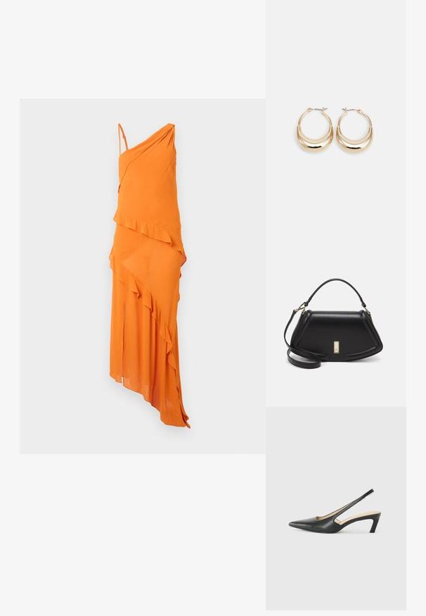 Abito arancione asimmetrico con un elegante design drappeggiato, dotato di un accento volant e di spalline sottili regolabili. Tessuto liscio e leggero.; Scarpa slingback nera con punta affilata e tacco basso, realizzata in pelle liscia e con un design a taglio laterale per favorire la traspirabilità.; Borsa a mano in pelle nera con un design strutturato, caratterizzata da una forma corta, manico superiore e accessori in metallo dorato. Inclusa tracolla regolabile.; Orecchini a cerchio tonalità oro con forma a mezzaluna, superficie lucidata e chiusura a cerniera. La texture liscia e la finitura riflettente migliorano la visibilità.