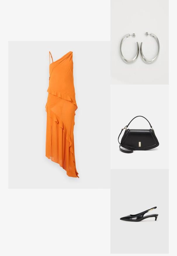 Orange asymmetrical dress with an elegant draped design, featuring a ruffled accent and thin adjustable straps. Smooth texture, lightweight fabric.; Black leather slingback heels with a pointed toe, featuring a slim heel and a gold-tone accent on the adjustable strap. Smooth texture.; Black leather handbag with a structured design, featuring a cropped shape, top handle, and gold hardware accent. Adjustable shoulder strap included.; Silver hoop earrings with a smooth, curved design. Features a shiny metallic finish and stud closure. No visible patterns or accents.
