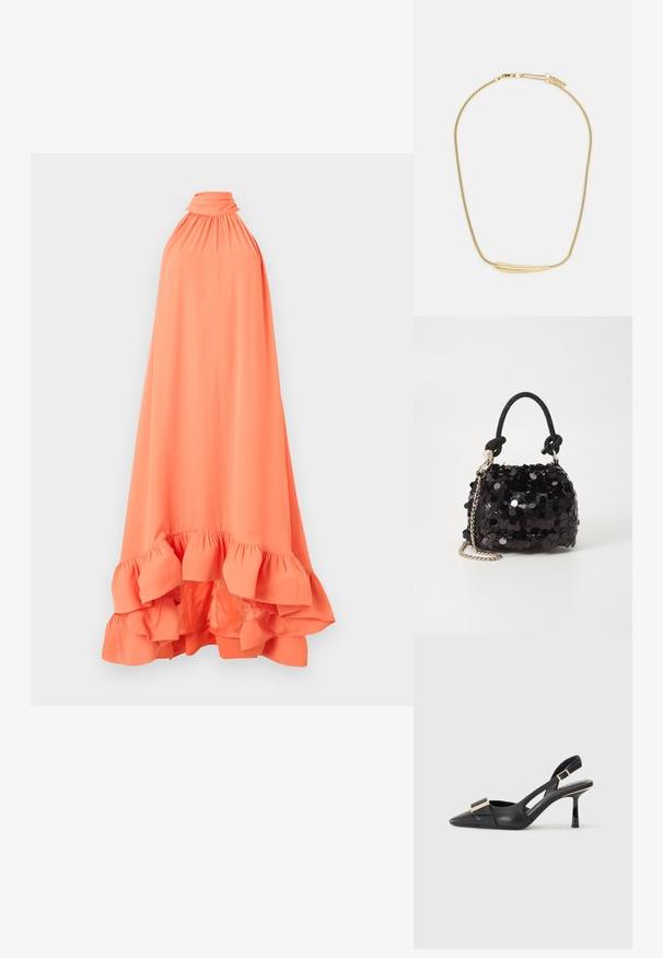 Apļveida kakla oranžs kleita, izgatavota no gludas auduma, ar plandošu apakšmalu un savelkiem pie kakla, lai pievienotu tekstūru.; Melnas ādas slingback kurpes ar smailu purngalu, slaidu papēdi un zeltītām detaļām uz priekšas daļas. Gluda tekstūra un strukturēts dizains.; Melna spīguļota mini rokas soma ar mezglotu teksturētu siksniņu un sudraba ķēdi. Apaļa forma ar sakopotām malām un atstarojumu detaļām.; Zelta apšuvuma kaklarota ar gludu, izliekta centrālo akcentu. Iekļauj elastīgu ķēdi ar homaru slēdzeni un papildu regulējamām ķēdes saitēm.