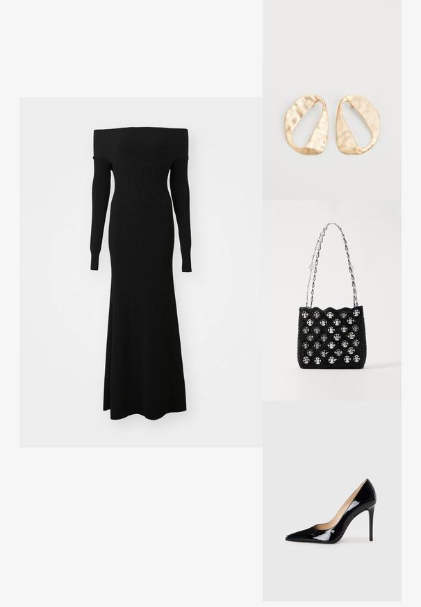 Melnas ribotas adītas kleitas ar garām piedurknēm un atvērtu plecu kakla izgriezumu, kas piedāvā pieguļošu siluetu, kas plūst līdz maksi garumam.; Melnā lakota ādas augstpapēžu kurpe ar norādītas formas purngalu un elegantu siluetu. Iespēj gludu, spīguļojošu apdari un šauru stiletto papēdi.; Rabanne Rokassoma - black/silver; Pāris neregulāras ovālas formas zelta toņos metāla auskaru ar teksturētu, nedaudz sitētu virsmu uz baltas fona.