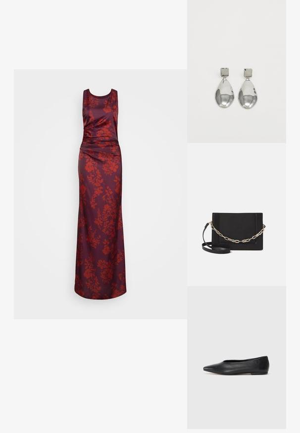 Ilga, be rankovių tamsiai raudonos satino suknelė su raudonomis gėlėmis. Suknelė turi prigludusį liemenį ir plazdančią sijoną su tekstūra.; Juodas odinis baleto batas, su smailiu pirštu, minimalistinio dizaino, lygiu paviršiumi, žemo profilio kulnu, be matomos aparatūros ar papuošimų.; Juodas odinis per petį nešiojamas krepšys turi lygų paviršių, stačiakampio formą ir metalinę grandinėlę priekyje. Pridedama reguliuojama dirželis.; Sidabriniai lašo formos auskarai su kvadrato formos auskaru, turintys lygų, poliruotą paviršių ir ašarėlės formą, atsispindintys šviesoje su blizgiu paviršiumi.