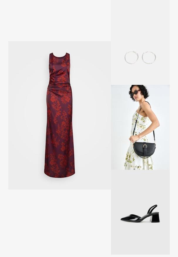 Rochie lungă, fără mâneci, din satin burgund închis cu un model floral roșu. Dispune de un corset ajustat și o fustă fluidă cu textură.; Pantofi cu toc slingback din piele lacuită neagră, cu vârf ascuțit și toc geometric. Prezintă un design elegant, minimalist și o textură netedă.; Geantă din piele neagră, cu o formă curbată, curea detașabilă și accesorii aurii. Geanta are un capac cu un detaliu tip cataramă.; Cercei din argint cu un design elegant și rotund, având o suprafață netedă și fără embellismente vizibile. Diametrul nu este specificat.