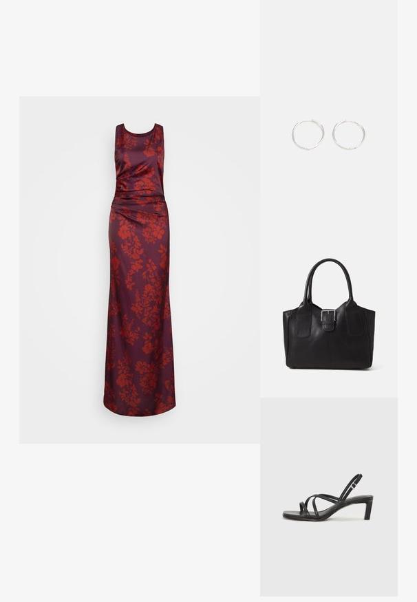 Hosszú, ujjatlan, sötét burgundi selyemből készült ruha piros virágmintával. Feszes bodice-zel és textúrájú, lebegő szoknyával rendelkezik.; Fekete pántos szandál négyzetes orral és alacsony blokk sarkal. Több vékony pánttal és állítható boka pánttal rendelkezik. Sima bőrből készült.; Fekete bőr bevásárlótáska sima textúrával, strukturált formával, két fogantyúval és egy figyelemfelkeltő ezüst csattal az elején.; Ezüst karika fülbevalók, letisztult, kerek formával, sima felülettel és látható díszítés nélkül. A átmérő nem megadott.