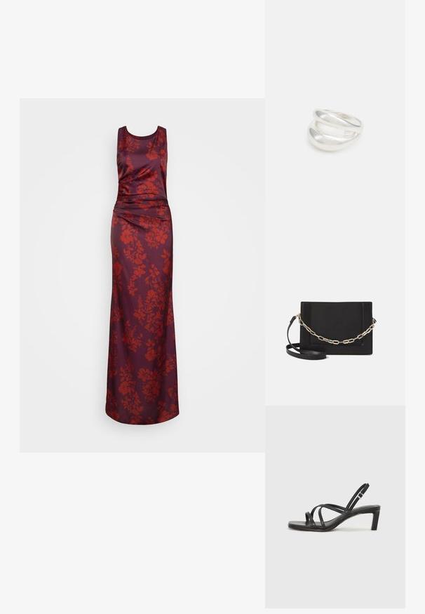 Long, sleeveless dress in dark burgundy satin with a floral pattern in red. Features a fitted bodice and flowing skirt with texture.; Black strappy sandal with a square toe and a low block heel. Features multiple thin straps and an adjustable ankle strap. Made of smooth leather.; Black leather crossbody bag featuring a smooth texture, rectangular shape, and a metallic chain detail on the front. Adjustable strap included.; Silver double-band ring with a smooth, polished surface. Features a fluid, curved design with overlapping sections for a modern look.