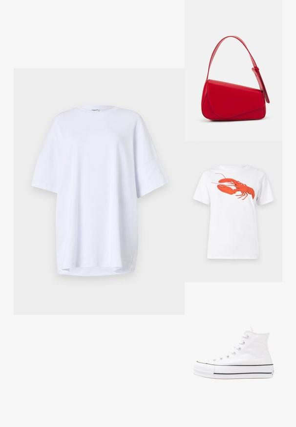 Tricou alb, oversized, cu mânecă scurtă, din bumbac. Decupaj rotund la gât, slituri pe laturi la tiv și textură netedă, fără modele sau accente vizibile.; Tricou alb din bumbac, cu un grafic mare, viu colorat de homar roșu pe față. Mâneci scurte și un guler standard de tip crew neck.; Adidași albi tip pantofi sport cu glezna din pânză, cu talpă din cauciuc negru, capac de vârf din cauciuc frontal și șase ochiuri pentru șireturi, având un design curat și minimalist.; Geantă de mână din piele roșie, cu un design unghiular și geometric. Dispune de o singură curea ajustabilă și un sistem de închidere cu clapetă, cu detalii cusute.