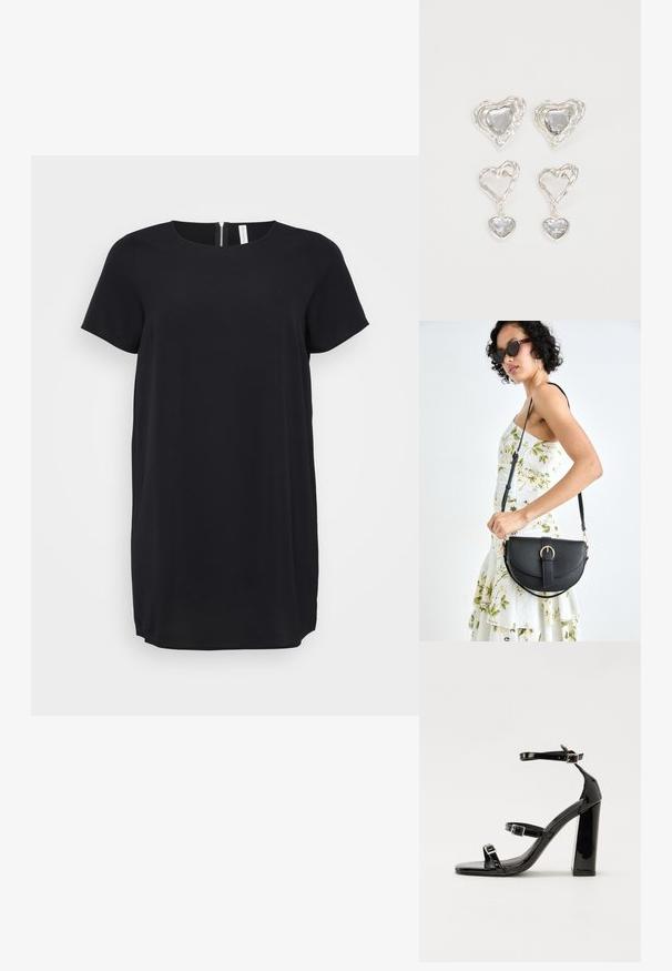 Černé šaty s krátkým rukávem, kulatým výstřihem a skrytým zipem na zadní straně. Vyrobeny z hladkého materiálu, mají rovný střih a délku po kolena.; Černé lakované sandály na vysokém podpatku se dvěma pásky se sponami, čtvercovou špičkou a robustním blokovým podpatkem, s hladkou, lesklou texturou.; Černá kožená kabelka s křivkovým tvarem, odnímatelným popruhem a zlatými detaily. Kabelka má klopu s přezkou.; Stříbrné náušnice ve tvaru srdce mají fasetované průhledné kameny a texturovaný rám. Sada zahrnuje styl pecek a visacích náušnic.