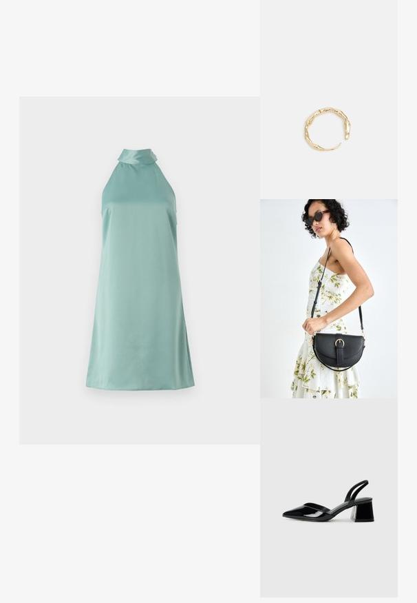 Bezsleeve, gaiši tējas krāsas kleita ar augstu kaklu un gludu, satīna līdzīgu tekstūru, kurai ir vienkārša silueta un sānu šķelumi.; Melna lakota āda ar atvērto papēdi, ar smailu purngalu un ģeometrisku blokpapēdi. Iezīmējas elegants, minimāls dizains un gluda tekstūra.; Melnas ādas rokassoma ar izliekta formu, noņemamu siksnu un zelta aksesuāriem. Somai ir vāciņš ar sprādzes detaļu.; Zelta toņa gredzens ar organisku, vērptu dizainu, gludu virsmu un sašaurinātiem galiem, radot mūsdienīgu, skulpturālu izskatu.