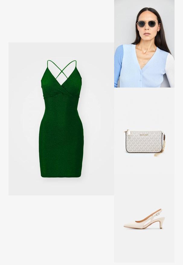 Πράσινο, λαμπερό εφαρμοστό φόρεμα με βαθύ V-ντεκολτέ και διασταυρούμενες τιράντες. Λείο υλικό, μήκος πάνω από το γόνατο και σφιχτή σιλουέτα.; Λευκή γόβα slingback με μυτερή μύτη, λείο υλικό επάνω, χαμηλό τετράγωνο τακούνι και σχέδιο με κοπή στο πλάι με ρυθμιζόμενο λουρί κουμπώματος.; Στρογγυλά γυαλιά ηλίου με σκούρους φακούς και χρυσά σκελετό. Το μοντέλο φοράει ένα ανοιχτό μπλε, ριχτό cardigan με κουμπιά και αντίθετους λευκούς μανίκες.; Πορτοφόλι Michael Kors σε μπεζ επεξεργασμένο καμβά με επαναλαμβανόμενο μοτίβο λογοτύπου MK, χρυσές λεπτομέρειες και αποσπώμενη αλυσίδα.
