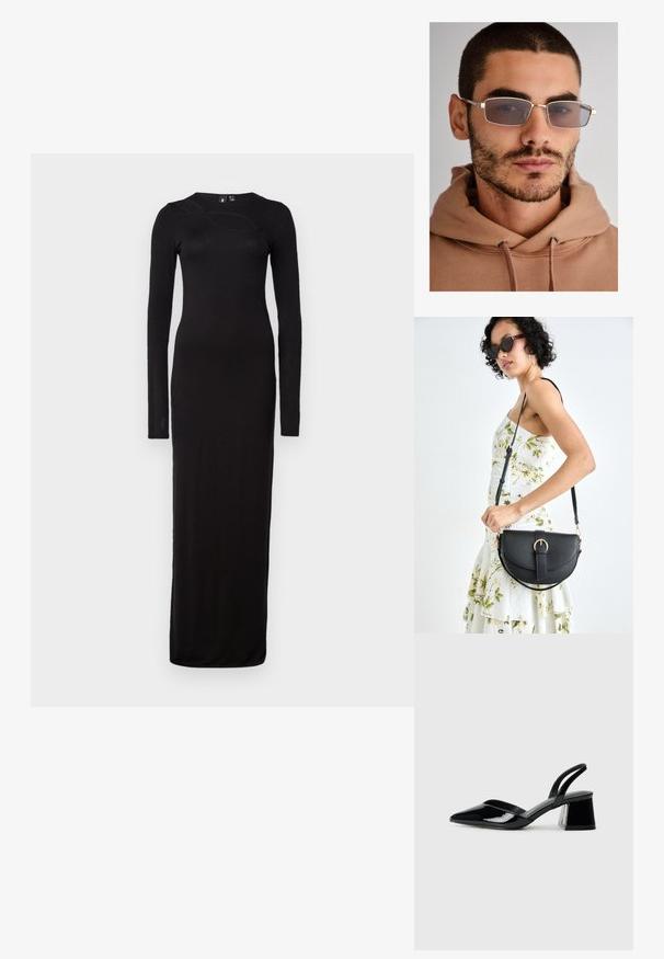 SOMETHINGNEW SNOLIVIA DRESS - Maxikjole - black; Svarte patentlær slingback hæler med spiss tå og geometrisk blokk hæl. Har et stilrent, minimalistisk design og jevn tekstur.; Grå rektangulære solbriller med tynne metallrammer, store linser og en subtil brun nyanse. Bæres med en beige hettegenser. Nøytral bakgrunn.; Svart lærveske med en buet form, avtagbar stropp og gullbeslag. Vesken har et klaff med spenne-detall.