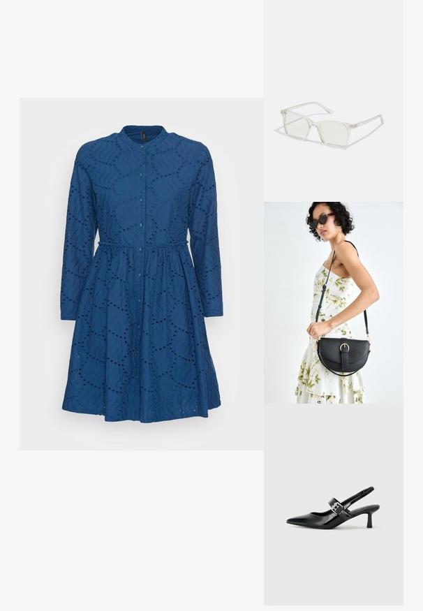 YAS YASBIM DRESS VIP - Vestido de dia - navy peony; Saltos slingback em verniz preto com bico pontiagudo e um pequeno salto bloco, apresentando um detalhe de fivela prateada na tira.; Óculos quadrados de plástico transparente com lentes translúcidas, apresentando detalhes em dourado nas hastes.; Bolsa de couro preta com forma curva, alça destacável e detalhes em dourado. A bolsa possui uma aba com detalhe de fivela.