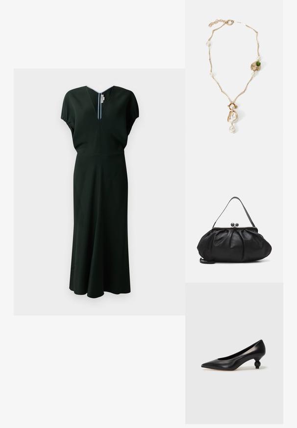 Tamsiai žalia midi suknelė su V formos iškirpte, trumpomis rankovėmis ir plazdančia sijonu. Pagaminta iš lygaus, tampraus audinio su minimalistiniu dizainu.; Juoda odinė aukštakulnė bateliai su smailiu pirštu ir apvaliu, iškiliu kulnu. Lygus paviršius su elegantišku, minimalistiniu dizainu.; Juodas odinis rankinė su apvalia, raukšlėtą dizainą. Priedai metalinė užsegimas su dviem dekoratyvinėmis kamuoliukais ir plona, nuimama pakaba.; Auksinės spalvos apyrankė su susuktomis grandinėmis, baltais perlais ir žaliuoju akmeniu. Pasižymi sudėtingais detalėmis ir užsegimu.