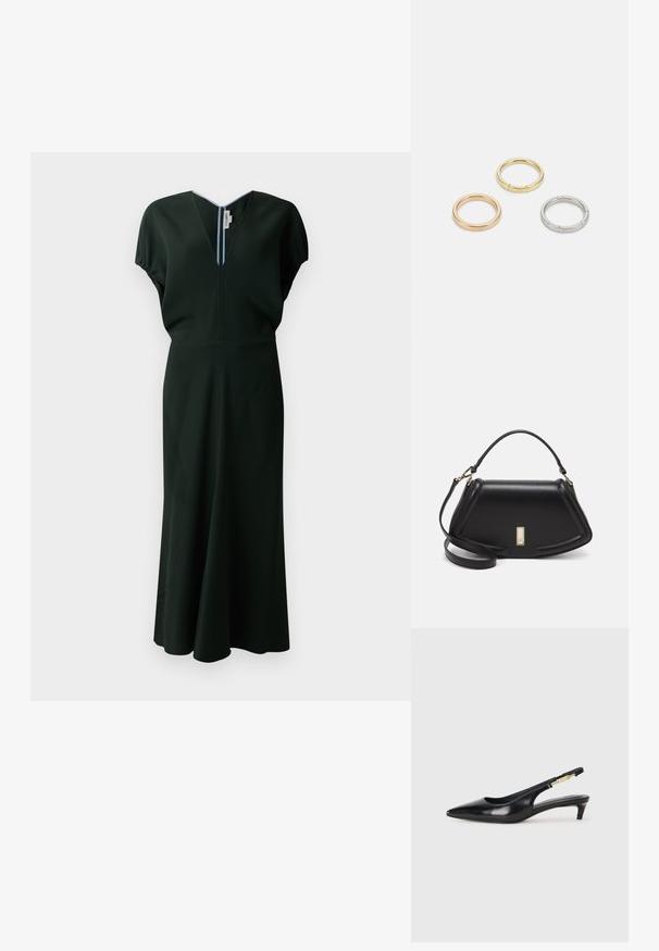 Tumeroheline midi kleit V-kaelusega, lühikeste kapuutsikäiste ja voolava seeliku ning sileda, veniva kanga minimalistliku disainiga.; Mustad nahast slingback kontsad terava ninaga, millel on õhuke konts ja kuldse tooni aktsent reguleeritaval rihmal. Sile tekstuur.; Must mustrist käekott, millel on struktureeritud disain, lühendatud kuju, ülemine käepide ja kuldne metallist detail. Reguleeritav õlalihm on kaasas.; Kolme metallist rõngast: üks roosa kuld, üks kuld tekstuursete aktsentidega ja üks hõbe, kõik sisepoolt graveeritud brändinguga.