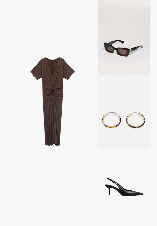Brązowa sukienka do kolan z miękkiego materiału, z głębokim dekoltem w serek, krótkimi rękawkami i marszczeniem w talii. Gładka tekstura.; NA-KD - Czółenka; Czarne okulary przeciwsłoneczne w kolorze tortoise z prostokątnymi soczewkami, brązowym zabarwieniem, grubą oprawką i złotym logo podwójnego G na zauszniku.; Złocone kolczyki w kształcie kół z zewnętrzną krawędzią pokrytą wzorem w muszki, charakteryzujące się gładkim wykończeniem i eleganckim, okrągłym kształtem.