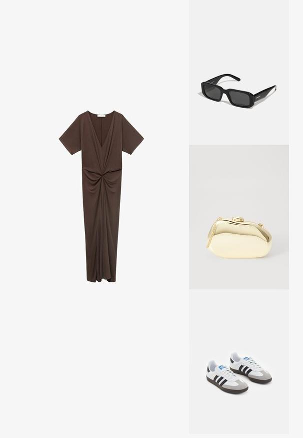 Hnědress s délkou do kolen vyrobený z měkkého materiálu, s hlubokým véčkovým výstřihem, krátkými rukávy a nabíraným detailem v pase. Hladká texturo.; Sportovní boty s bílým koženým svrškem, šedou semišovou špičkou a třemi černými pruhy. Obsahují modré logo na jazyku a texturovanou gumovou podrážku.; Arnette THEKIDD UNISEX - Sluneční brýle - black; Metalická zlatá kabelka s hladkým, zaobleným tvarem, opatřená horním zapínáním na knoflík a malým řetízkovým popruhem pro nošení.