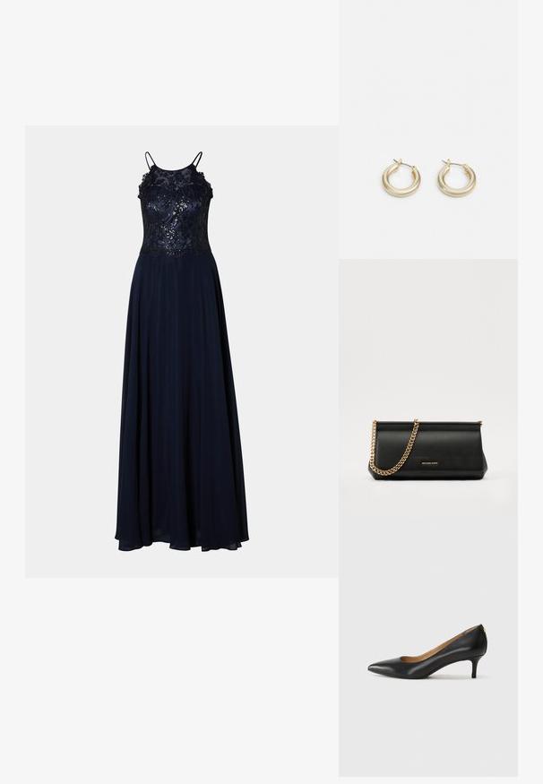 Námořnická večerní šaty s přiléhavým krajkovým korzetem, složitou výšivkou a splývavou sukní. Obsahuje tenké ramínka a hladkou strukturu.; Černé kožené lodičky s špičatou špičkou, nízkým podpatkem a hladkým povrchem. Mají mírné otevření vpředu a minimální kovové prvky na zadní straně.; Černá kožená psaníčko s zlatým řetízkem, vyznačující se hladkým povrchem, obdélníkovým tvarem a reliéfním logem na přední straně.; Lauren Ralph Lauren BASIC SMALL HOOP - Náušnice - gold-coloured