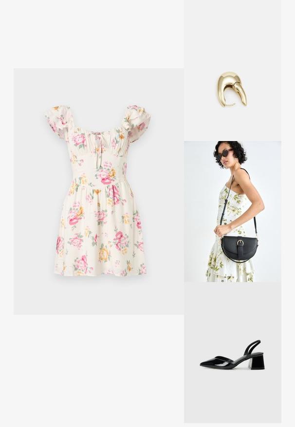Blumenkleid aus cremefarbigem Stoff, mit rosa und gelben Blumen, kurzen Puffärmeln, gerafftem Oberteil und weitem Rockdesign.; Schwarze Lackleder-Slingback-High Heels mit spitzem Schuh und einem geometrischen Blockabsatz. Verfügt über ein schlankes, minimalistisches Design und eine glatte Textur.; Schwarze Lederhandtasche mit geschwungener Form, abnehmbarem Tragegurt und goldenen Beschlägen. Die Tasche verfügt über einen Deckel mit einer Schnallen-Details.; Ohrringe aus goldfarbenem Metall mit einem schlanken, geschwungenen Design. Sie verfügen über eine markante, spitze Form, eine polierte Oberfläche und einen Scharnierverschluss.
