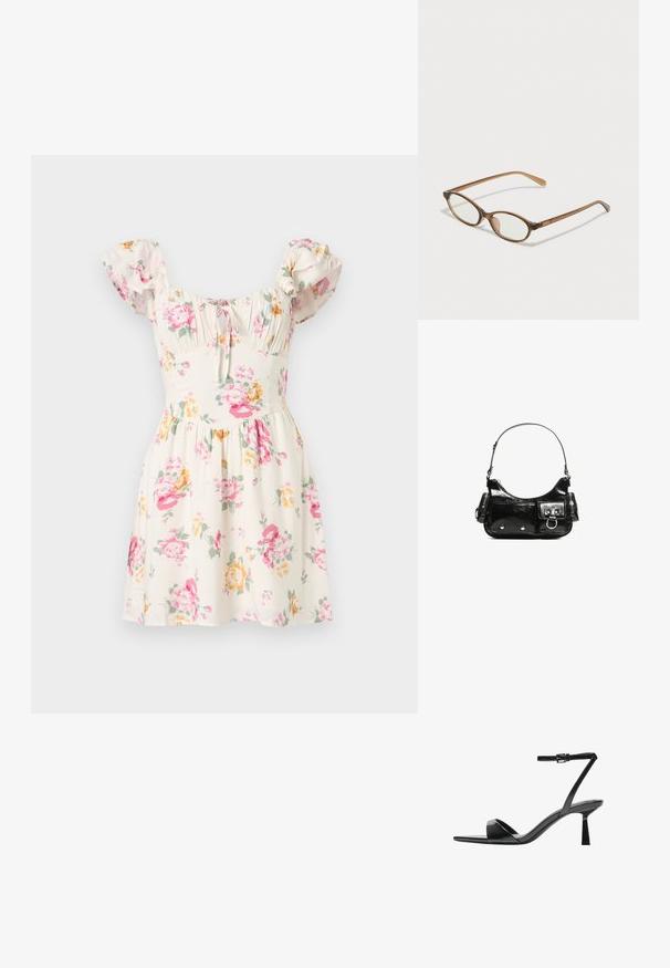 Cvetna obleka iz kremaste tkanine, ki ima rožnate in rumene cvetove, kratke napihnjene rokave, nabrano telo in zasnovo s širokim krilom.; Bershka Sandali z visoko peto - black; Rjavo želvovina očala z ovalnimi lečami, tankimi ročaji in prosojnimi detajli. Imajo subtilen logo na templetu. Eleganten, lahek dizajn.; Črna lakasta usnjena torbica s ukrivljeno obliko, enim ramenskim trakom, sprednjimi žepi in srebrnimi kovinskimi dodatki.