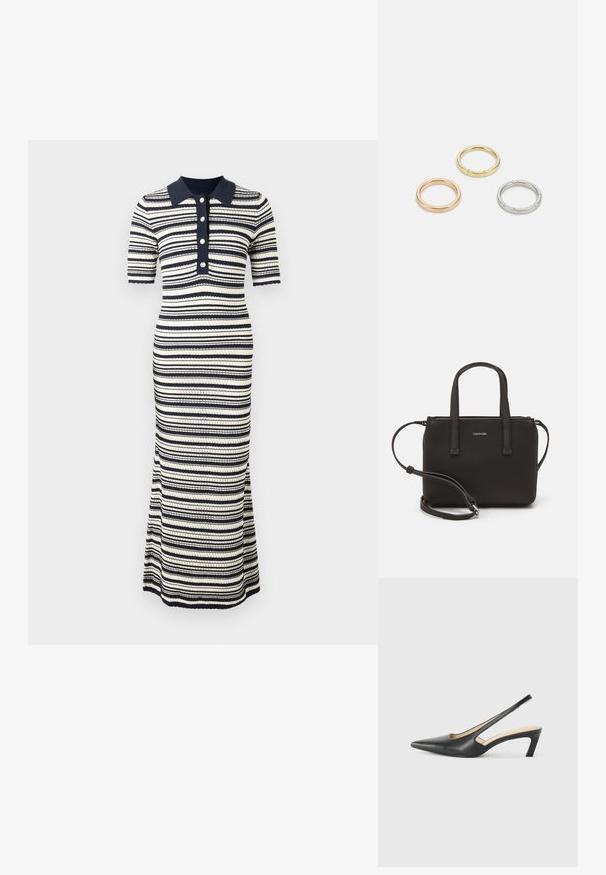 Abito maxi a righe in blu navy e crema, con colletto, maniche corte, una fila di bottoni e una silhouette aderente con orlo svasato.; Scarpa slingback nera con punta affilata e tacco basso, realizzata in pelle liscia e con un design a taglio laterale per favorire la traspirabilità.; Borsa nera con doppi manici corti e tracolla removibile. Materiale simile alla pelle liscia con chiusura a zip e dettaglio del logo.; Tre anelli metallici: uno in oro rosa, uno in oro con dettagli in rilievo e uno in argento, tutti con marchi incisi sulla parte interna.