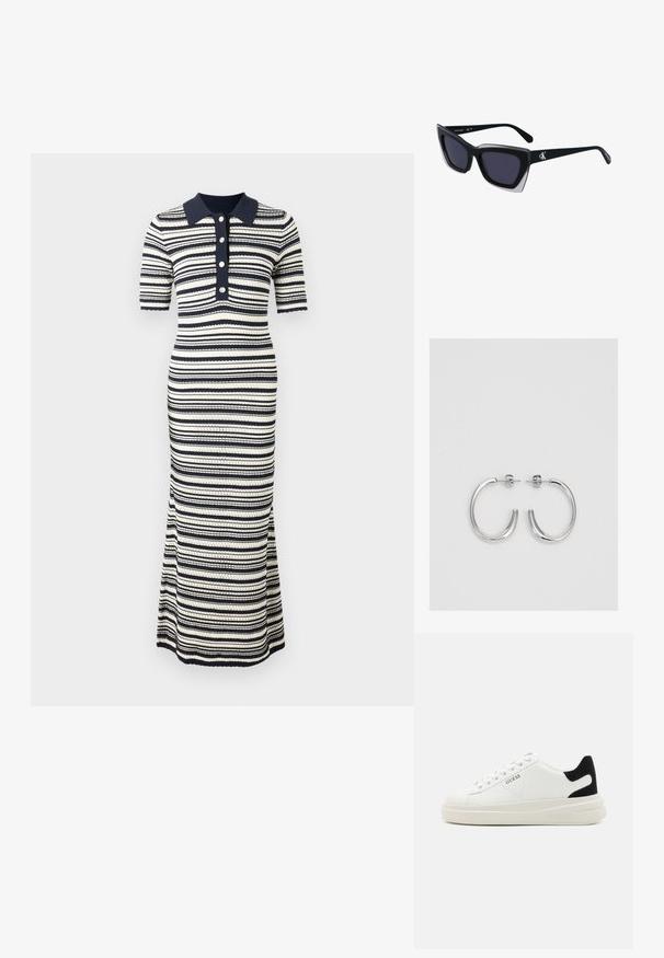 Svītrains maksi kleita jūras zilā un krēmkrāsā, ar apkakli, īsām piedurknēm, pogu rindu un pieguļošu siluetu ar izplešanos apakšā.; Baltas ādas sporta apavi ar biezu balto zoli, melna zamša uzpura un izspiestais logotips sānos. Šņorējuma dizains ar sešiem acu caurumiem.; Melni pārmēru saulesbrilles ar ģeometrisku formu, kas aprīkotas ar tumšiem stikliem un kontrastējošu pelēku akcentu uz rāmja. Logo uz kājas.; Sudraba riņķveida auskari ar gludu, spīdīgu apdari. Apaļas formas, viegla dizaina, ar aizdari uz stieples.
