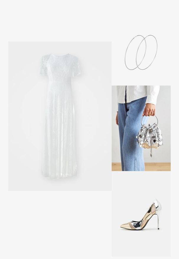 Eterinė balta nėriniuota suknelė, turinti trumpas rankoves, apvalų iškirpimą ir plačią sijoną su gėlių raštais.; Aštrus pirštas aukštakulnis batelis su sidabro, aukso ir nuogų spalvų deriniu. Blizgus paviršius su išpjovos dizainu, su stiletto kulnu.; Sidabrinė blizgučiais dekoruota kibirėlio forma rankinė su apvaliu metaliniu rankena; turi raištelių uždarymą ir grandinėlės akcentus, prieš lengvą džinsą ir baltą audinį.; Sidabrinės pusmėnulio auskarai minimalistiniu dizainu. Apskritimo forma, lygus paviršius ir plonas profilis. Lengvi su poliruotu apdailu.