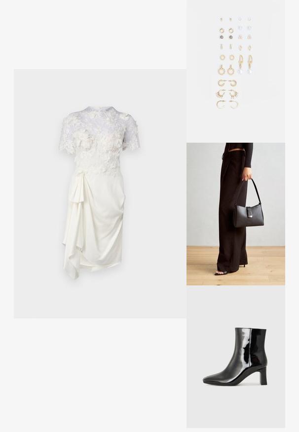 Abito bianco con sovrapposizione in pizzo floreale, maniche corte, corpetto aderente e dettaglio drappeggiato sul lato. Texture liscia e tessuto morbido.; Stivaletto in pelle verniciata nera con punta a punta e tacco a blocco di altezza media. Texture liscia e design minimalista.; Borsa nera con forma strutturata, texture liscia e una chiusura metallica. Abbinata a pantaloni neri larghi e sandali open-toe su un pavimento in legno.; Set di orecchini in tonalità oro che presentano vari design, tra cui cerchi, orecchini a perno e pezzi pendenti con perle e strass.