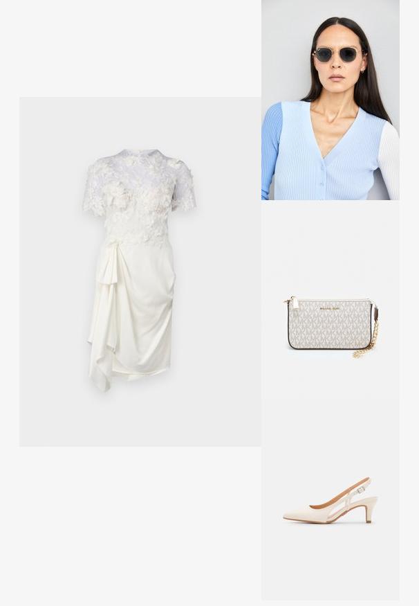 Biele šaty s kvetinovou čipkovou vrstvou, krátkymi rukávmi, priliehavým korzetom a drapovaným bočným detailom. Hladká štruktúra a jemná textília.; Biele slingback topánky na podpätku s ostrou špičkou, hladkým vrchným materiálom, nízkym blokovým podpätkom a bočným výrezom s nastaviteľným remienkom na pracku.; Okrúhle slnečné okuliare s tmavými šošovkami a zlatým rámom. Modelka má na sebe svetlomodrý pletený kardigán s gombíkmi a bielymi rukávmi v kontraste.; Michael Kors zápästná taška v béžovej potiahnutej plátenej tkanine s opakujúcim sa vzorom loga MK, zlatým kovania a odnímateľným reťazovým popruhom.