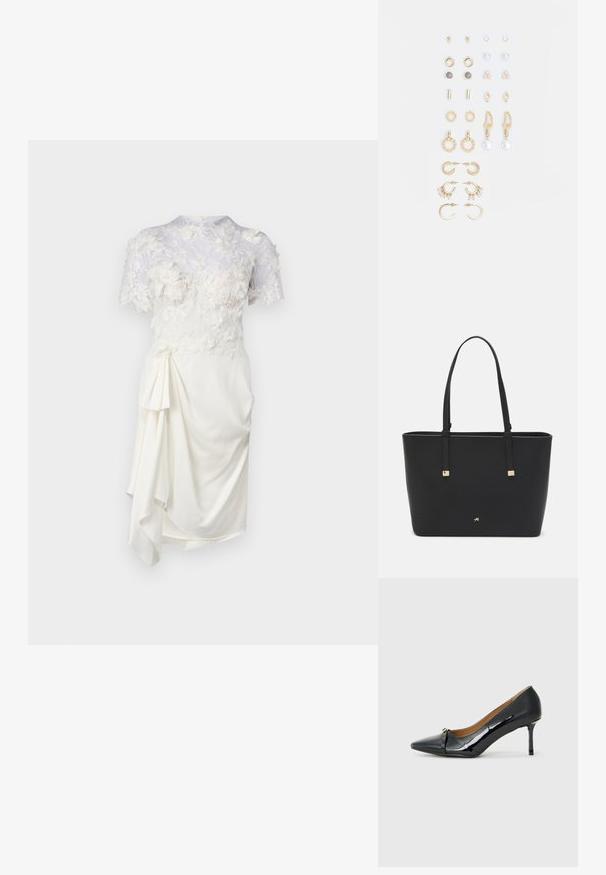 White dress with floral lace overlay, short sleeves, fitted bodice, and a draped side detail. Smooth texture and soft fabric.; Black patent leather high-heeled shoe with a pointed toe, decorative strap detail at the front, and a thin stiletto heel.; Black tote bag made of synthetic material, featuring simple rectangular design, gold square accents, and double handles.; Set of gold-tone earrings featuring various designs, including studs, hoops, and dangling pieces with pearls and rhinestones.