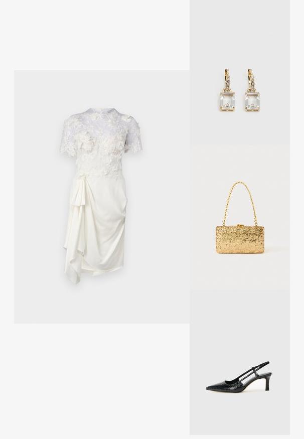 Witte jurk met bloemenkant overlay, korte mouwen, getailleerdecolleté en een gedrapeerd detail aan de zijkant. Glad textuur en zachte stof.; Zwart patent slingback hak met een spitse neus, voorzien van een gestructureerde slangenprint, verstelbare band en een korte, gestructureerde blokhak.; Gouden pailletten clutch in rechthoekige vorm, met een gedraaide kettinghandvat en een metalen sluiting, die het licht reflecteert met een gestructureerde afwerking.; Gouden oorbellen met een rechthoekige, heldere kristal die onder een rij kleine, ronde heldere accenten hangt. Strak, modern ontwerp.