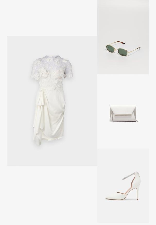 Vestido blanco con encaje floral, mangas cortas, cuerpo ajustado y detalle drapeado en el lateral. Textura suave y tejido blando.; Zapato de tacón alto blanco con diseño de punta, material de cuero, correa para el tobillo ajustable adornada con rhinestones y un delgado tacón de aguja.; Gafas de sol ovaladas con lentes de un verde oscuro. Montura de metal en tono dorado y acentos de carey marrón en las patillas. Diseño minimalista.; Clutch en forma de sobre blanco, hecho de cuero suave, con una correa de cadena plateada y una barra metálica en la parte frontal. Diseño minimalista y forma triangular.