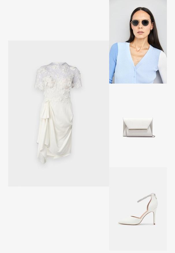 Bela obleka s cvetnim čipkastim premazom, kratkimi rokavi, prilegajočim telesom in z drapirano stransko podrobnostjo. Gladka tekstura in mehak material.; Bela visokotčna čevlja s koničastim prstom, usnjena, nastavljiv trak okoli gležnja okrašen z diamanti, in tanek stiletto peto.; Okrogle sončna očala s temnimi lečami in zlatimi okvirji. Model nosi svetlo modro, rebrasto jakno s gumbi in belimi rokavi v kontrastni barvi.; Bela kuvertna torbica iz gladke usnje z srebrnim verižnim trakcem in kovinskim naglasnim trakom spredaj. Minimalistična zasnova in trikotna oblika.