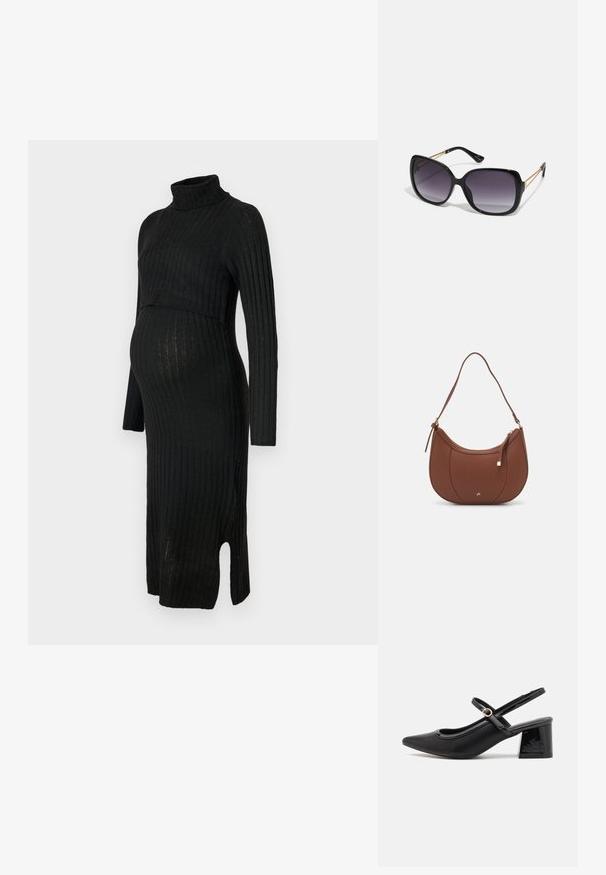 Fekete bordázott midi ruha hosszú ujjakkal és garbónyakkal. Oldalsó rés szélesítése és illeszkedő tervezés jellemzi, amely a növekvő pocakhoz illeszkedik.; Fekete lakk bőr, pántos magassarkú cipő, hegyes orral, lekerekített kivágással és tömbsarkal. Arany színű csat díszíti.; Fekete, oversize napszemüveg fokozatos árnyalatú lencsékkel, vastag kerettel és arany színű lánc díszítéssel a szárakon.; Barna műbőr válltáska ívelt formával, minimális varrással és arany színű kiegészítőkkel. Jellemzője a felső cipzáras záródás és állítható pánt.