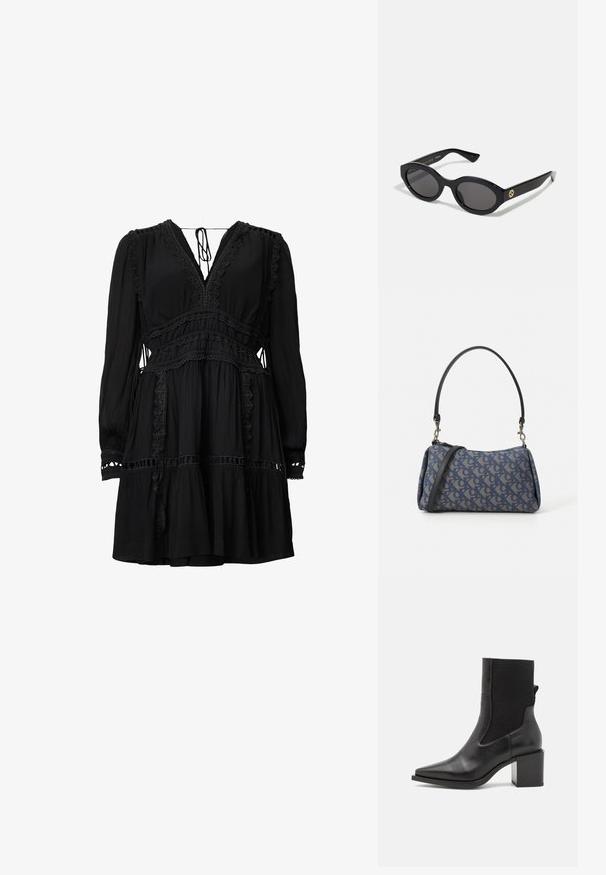 Vestido preto com mangas longas, decote em V e delicada renda trabalhada. Apresenta camadas franzidas e cintura com cordão, feito de um tecido leve.; Bota ankle preta com bico fino, feita de couro liso e tecido elástico. Apresenta um salto bloco e um design minimalista.; Óculos de sol ovais pretos com lentes escuras e armação de plástico brilhante. Apresenta um logotipo dourado na haste, oferecendo um design elegante e moderno.; Bolsa de padrão azul feita de tecido, com um formato curvo, alça de couro preto e design de logotipo em uma tonalidade mais clara.