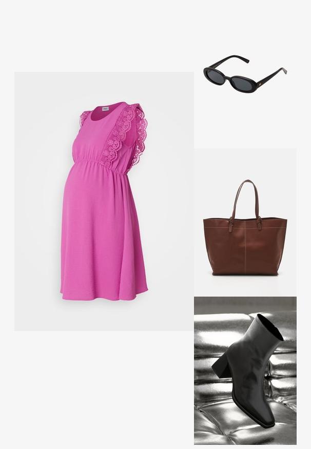 Rózsaszín kismama ruha csipkés díszítéssel az ujjakon, puha anyagból készült, a mell alatt szűkített és bő szoknyával rendelkezik. Kismama ruházatnak megfelelő.; Fekete bokacsizma fényes anyagból, négyzetes orral és szűkített sarkú, egy csillogó ezüst kárpitozott háttér előtt.; Fekete, oversize napszemüveg ovális lencsékkel, sima műanyag kerettel és arany részletekkel a fülpánton. Sötét lencséi védelmet nyújtanak a napfény ellen.; Barna bőr bevásárlótáska dupla fogantyúval, kontrasztvarrás jellemzi, tágas kialakítással, mindennapi használatra alkalmas.